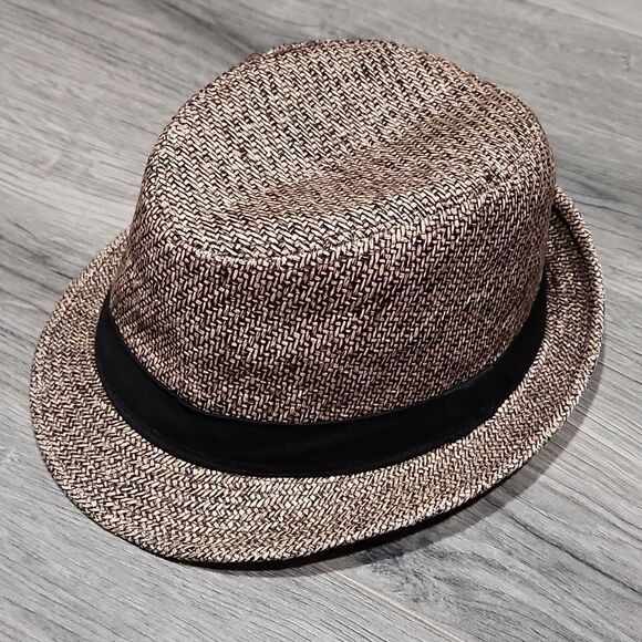 Varigated Brown & Black Straw Tight Woven Fedora Hat - Picture 1 of 4